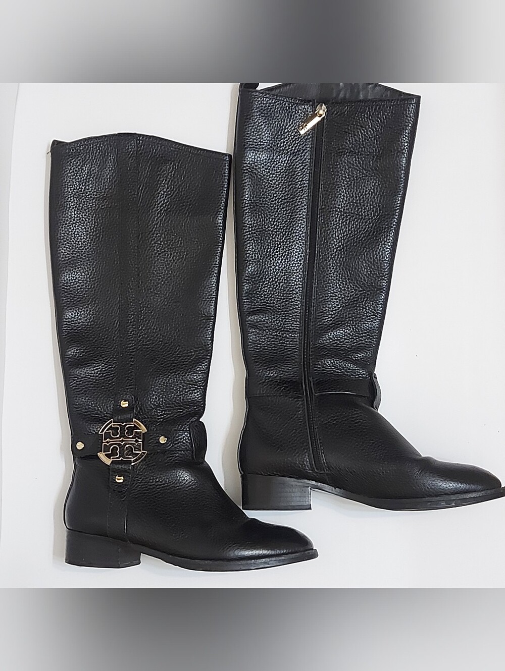 Tory Burch Black Pebbled Leather Over-the-Knee Boots with Gold Logo
